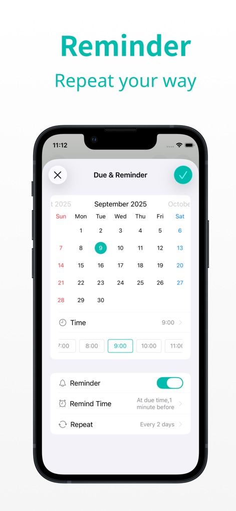 Minimal Tabbed ToDo List - This tool allows users to precisely set due dates using an interactive calendar and customize reminder frequencies with various repeat options.