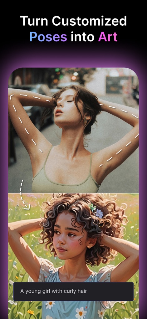 MyEdit: AI Photo Generator - Os usuários podem transformar poses personalizadas em arte única, onde a estrutura corporal da foto original é reimaginada em um cenário vibrante e com um estilo artístico diferenciado.