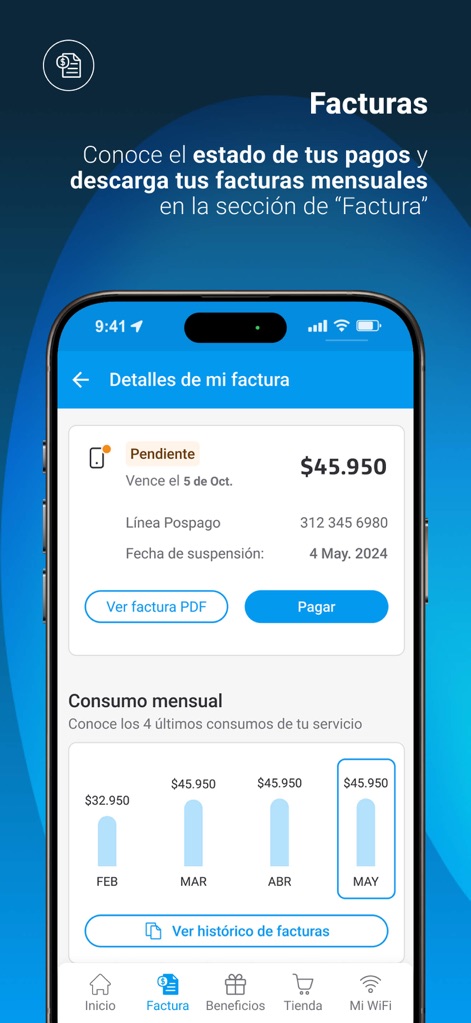 Mi Movistar Colombia - 請求書詳細画面では、未払い金額と支払い期日が明確に表示され、過去4ヶ月間の月間消費量グラフで利用状況の推移を視覚的に確認できます。