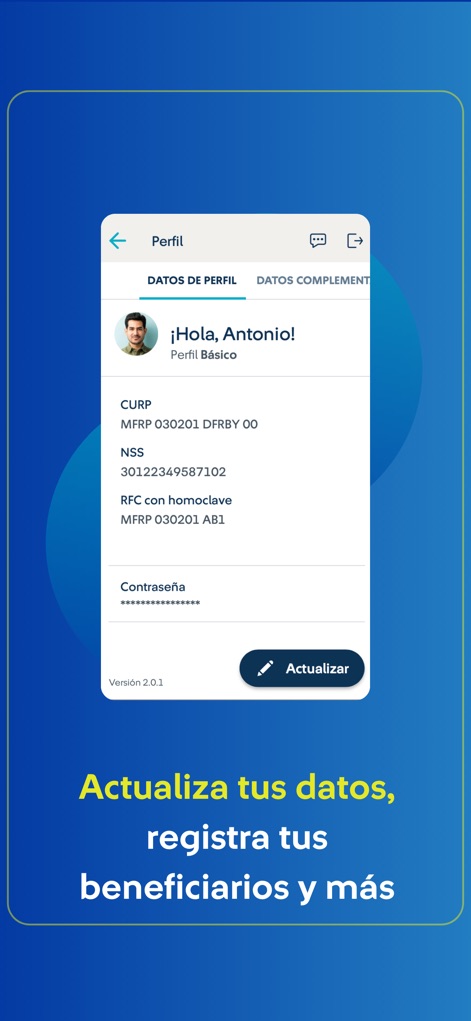 Afore SURA: Ahorro y Retiro - La vista de perfil permite una gestión personal completa, mostrando 'DATOS DE PERFIL' como CURP y NSS, y facilitando la 'Actualización' de información personal.
