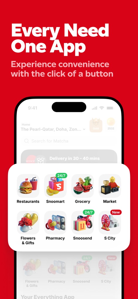 Snoonu: Food Delivery Service - Esta pantalla principal demuestra la promesa "Every Need One App" al organizar claramente múltiples categorías de servicio como Restaurantes y Farmacia, facilitando el acceso rápido a la funcionalidad Snoosend para envíos.