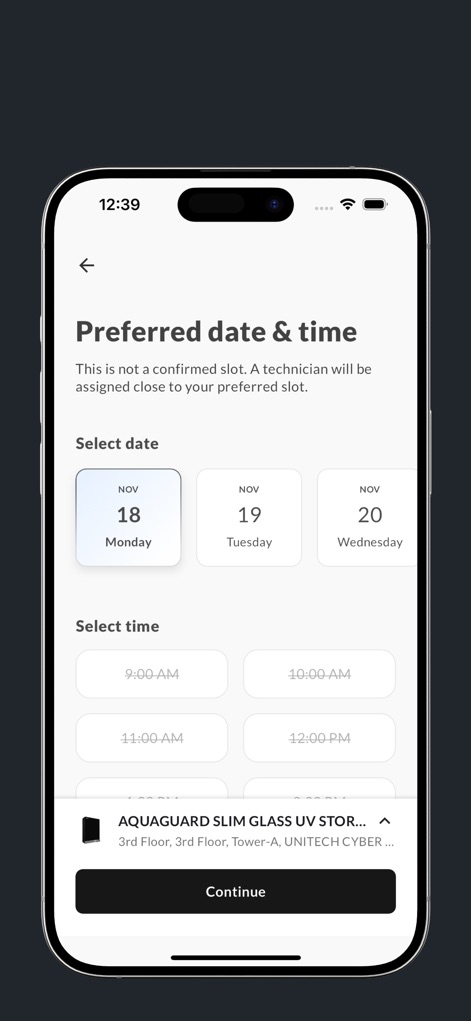 Eureka Forbes | Aquaguard - This tool empowers users to effortlessly arrange technician visits by selecting a 'Preferred date & time' and choosing convenient time slot options for their busy schedules.