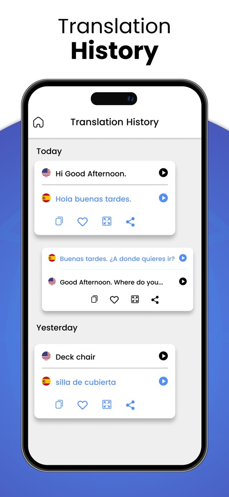 Translate Voice Translator App - Users can review and manage past translations through an organized history log, complete with integrated playback and share options.