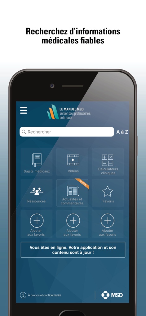 Le Manuel MSD Professionnel - The app's intuitive interface features a prominent search bar for quick queries and organized tiled navigation to essential medical categories.