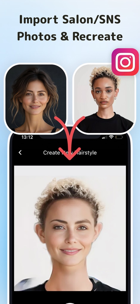 HairTry: Haircut Simulator - Les utilisateurs peuvent importer des photos de Salons ou de réseaux sociaux comme Instagram, et l'application recrée fidèlement le style désiré sur leur propre visage, intégrant chaque détail avec précision.