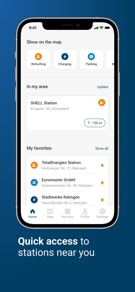 DKV Mobility - La pantalla de inicio ofrece un acceso inmediato a servicios cercanos, destacando la estación Shell en la sección "In my area" y los establecimientos frecuentes en "My favorites".