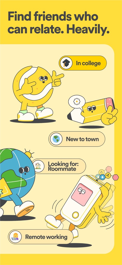 Bumble For Friends: Meet IRL - Los usuarios pueden identificar fácilmente sus circunstancias vitales con opciones como 'In college' o 'New to town', lo que facilita la búsqueda de conexiones relevantes y el badge de 'Looking for: Roommate' para necesidades específicas.