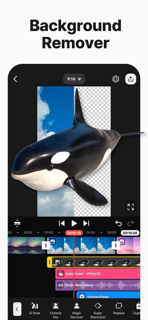 KineMaster - Video Editor - This tool enables precise background removal using features like "Magic Remover" and "Chroma Key," allowing for seamless video compositing.