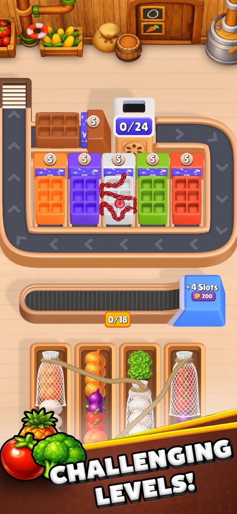 Farm Loop: Harvest Puzzle - Esta imagen ilustra un nivel avanzado con obstáculos como las 'serpientes' rojas que bloquean los dispensadores, y la presencia de productos empacados en redes que complican la gestión del bucle.