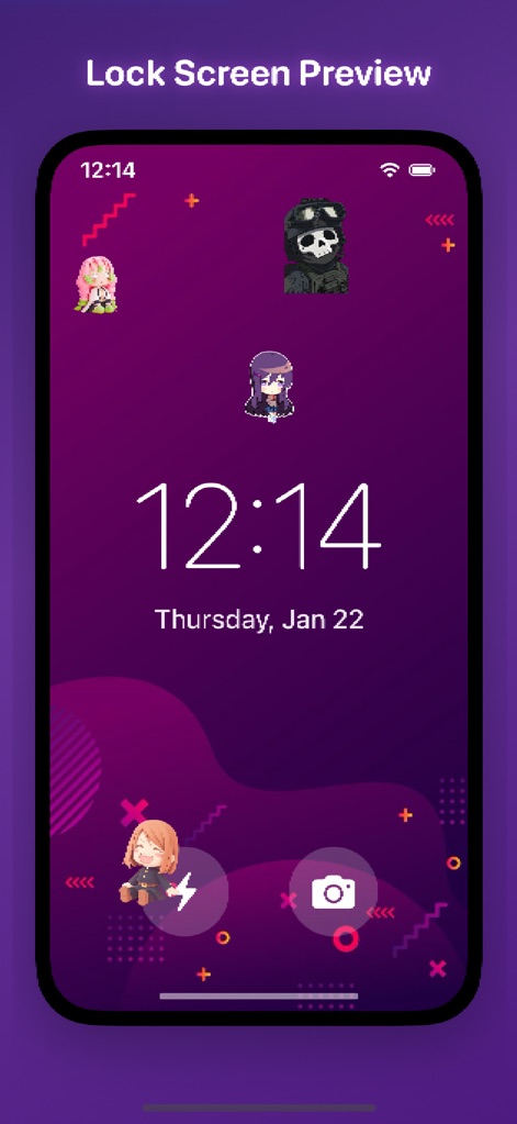 Shimeji Screen Pets - Esta vista previa ilustra cómo los pequeños personajes Shimeji se integran de forma dinámica en la pantalla de bloqueo, apareciendo dispersos junto a la hora y fecha para añadir un toque lúdico.