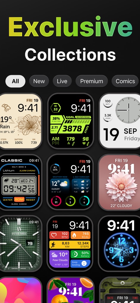 Watch Faces Gallery & Creator - Explore diverse watch face categories, from dynamic live options to exclusive premium designs, all within a visually rich grid layout.
