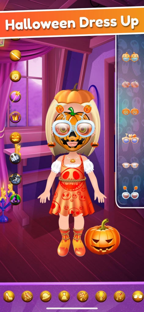 Halloween Face Paint Salon - This scene showcases extensive dress-up features, allowing character customization with themed accessories like eyeglasses and a matching pumpkin dress.