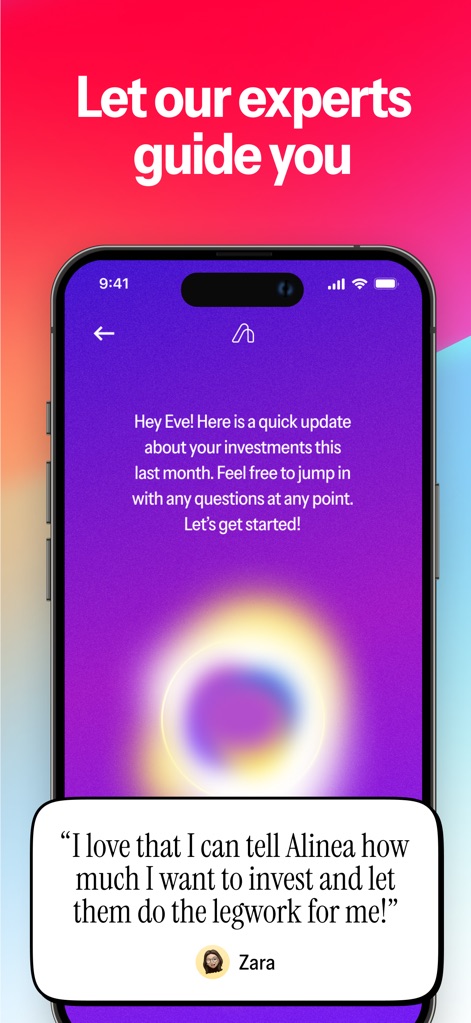 Alinea: Personalized Investing - この画面は、パーソナライズされた投資の進捗状況に関する最新情報と、ユーザーの声「Zara」による手間いらずの投資体験への言及を表示します。