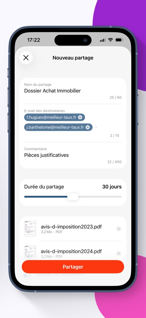 eDocPerso - 사용자는 'E-mail des destinataires' 필드에 수신자 이메일을 입력하여 'avis-d-imposition2023.pdf'와 같은 중요 문서를 안전하게 공유할 수 있습니다.
