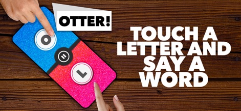 Party Word Game with Friends - Observe the dynamic, split-screen gameplay where players tap letters like 'O' and 'L' to quickly form words, demonstrated by 'OTTER!'.