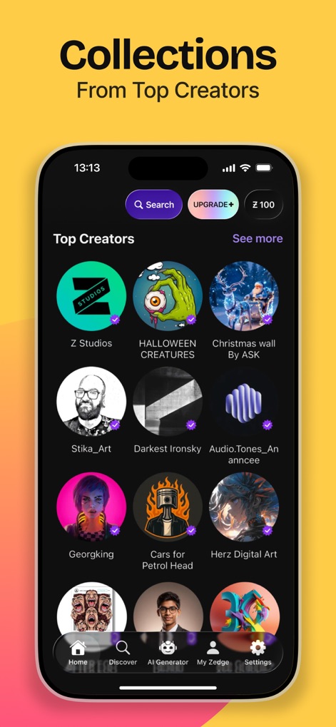 ZEDGE™ Ringtones & Wallpapers - Browse exclusive content from 'Top Creators' displayed in visually appealing circular profile icons, offering further exploration via the 'See more' link.
