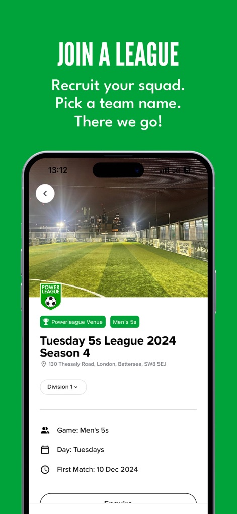 Powerleague - Home of 5-a-side - Diese Ansicht bietet eine umfassende Übersicht über eine Liga, inklusive Details zur 'Tuesday 5s League 2024 Season 4' mit dem Austragungsort und den relevanten Informationen wie Spieltag und Startdatum der ersten Begegnung.