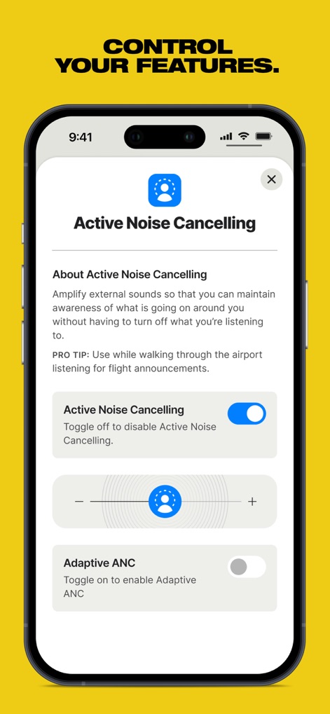 Skullcandy - L'application offre une maîtrise totale de l'expérience sonore, permettant aux utilisateurs d'activer/désactiver la suppression active du bruit via un curseur d'intensité ANC et de gérer les options d'annulation adaptative.