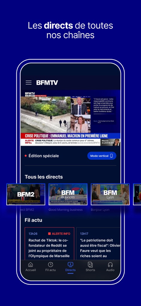 BFM : news, TV, radio en live - Explore the app's rich selection of live BFM channels, complete with a convenient vertical viewing mode for mobile users.