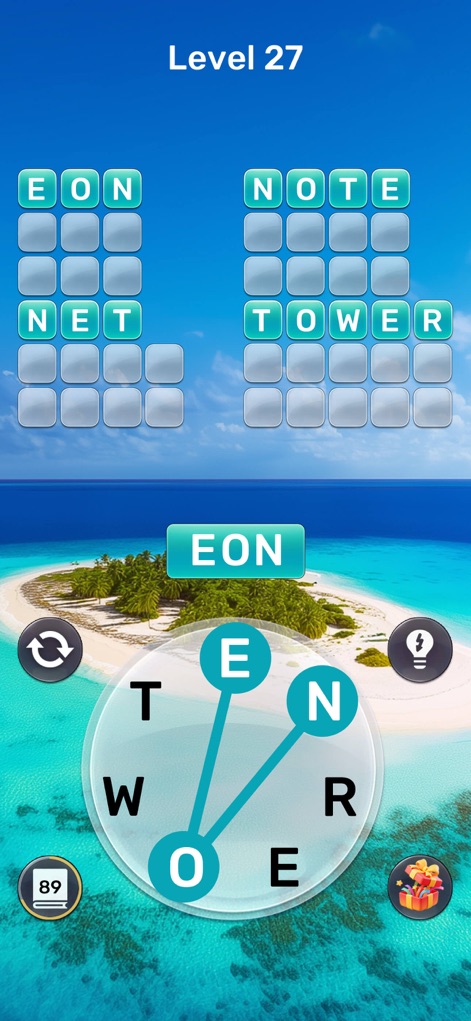 Word Oasis: Calm Puzzle Game - Explore the game's inviting teal color scheme and serene tropical island background that enhance the relaxing puzzle experience.