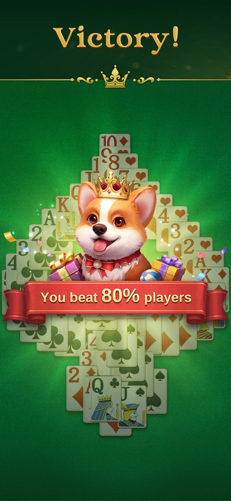 Jenny Solitaire - Card Games - The app celebrates player achievements with a vibrant 'Victory!' screen, featuring the cheerful corgi companion Jenny amidst celebratory confetti.