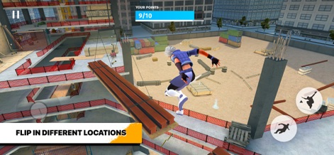 Parkour Simulator 3D: City Run - Esta imagen subraya los movimientos acrobáticos dinámicos que los jugadores pueden realizar, como un salto espectacular en un entorno de construcción industrial, lo que demuestra la variedad de ubicaciones disponibles.