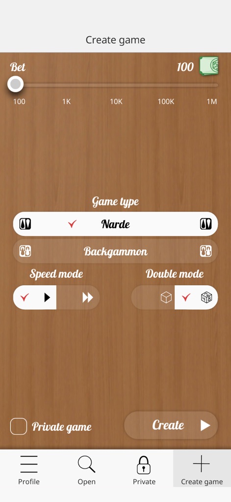 Backgammon Narde Online - This screen demonstrates precise game configuration, allowing users to adjust their bet amount and select between distinct Narde and Backgammon game types.