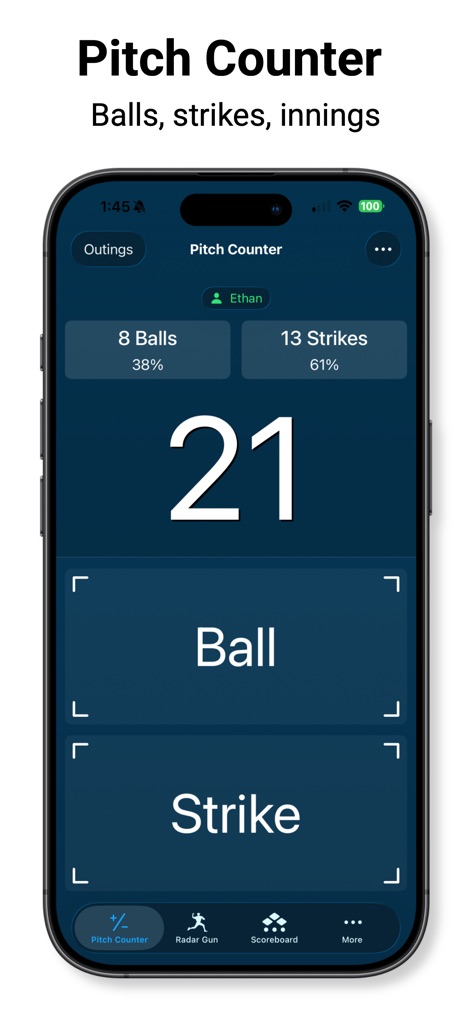 Pitch Counter & Radar Gun - The app provides a clear display of balls and strikes and offers large, user-friendly buttons for easy tracking during gameplay.