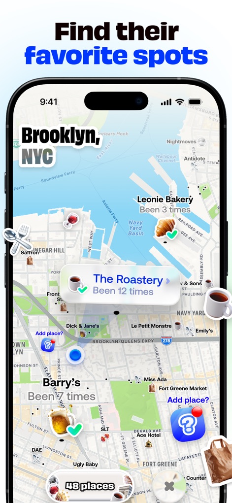 Bump - hang with friends IRL - Gli utenti possono visualizzare i luoghi che i loro amici frequentano di più, indicati da icone di cibo e bevande, come "The Roastery - Been 12 times" e altri "48 places" scoperti.
