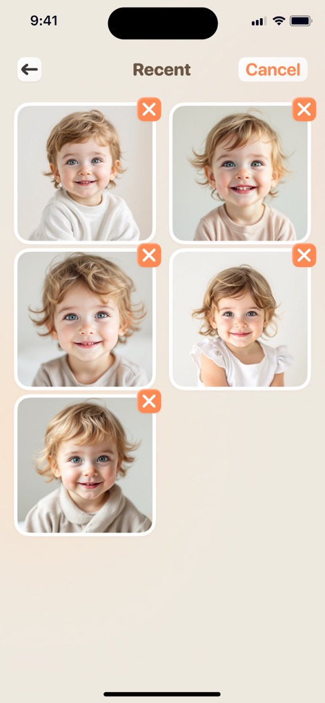 Future Baby Generator・AI Face - Cette section permet de gérer facilement les prédictions, avec des icônes "x" pour la suppression rapide et un bouton "Cancel" pour annuler les actions.