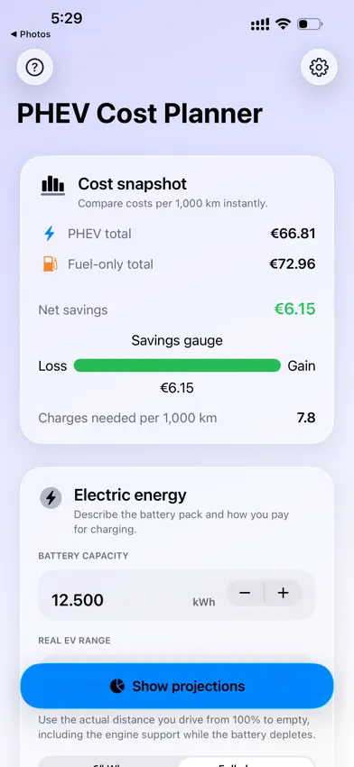 PHEV Savings screenshot 3