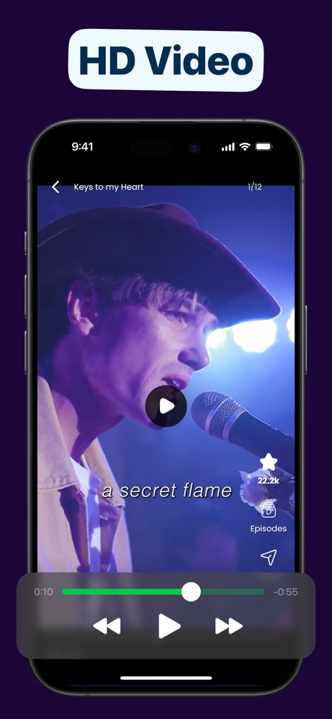 Shortical - Stream Dramas & TV - この画面は動画再生中に表示され、「HD Video」という表示がコンテンツの高画質を保証し、ユーザーはプログレスバーや再生/一時停止ボタンで再生をコントロールできます。