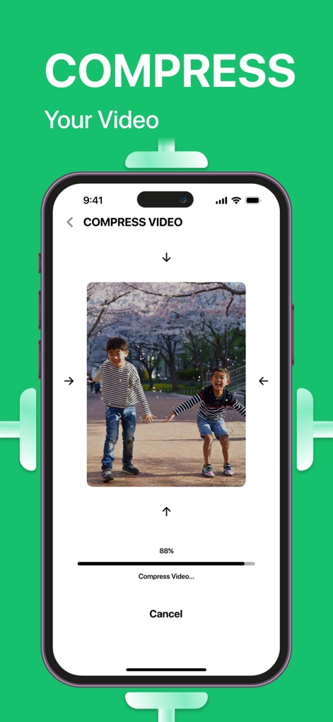 LIME Cleaner - Storage Cleanup - Users can effortlessly 'Compress Video' files, with a real-time progress bar and percentage (like 88%) showing the optimization status, ensuring valuable storage is reclaimed.
