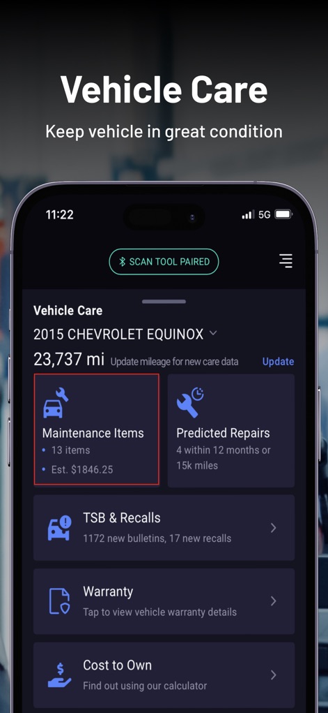 RepairSolutions2 - This tool provides a comprehensive "Vehicle Care" dashboard, allowing users to track "Maintenance Items" and view "Predicted Repairs" to keep their vehicle in top condition.