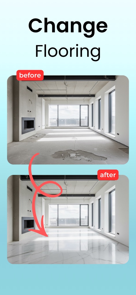 DecorAI: AI Interior Design - Discover how this tool enables quick flooring changes, presenting a dramatic before and after comparison with a clear red arrow highlighting the transformation.