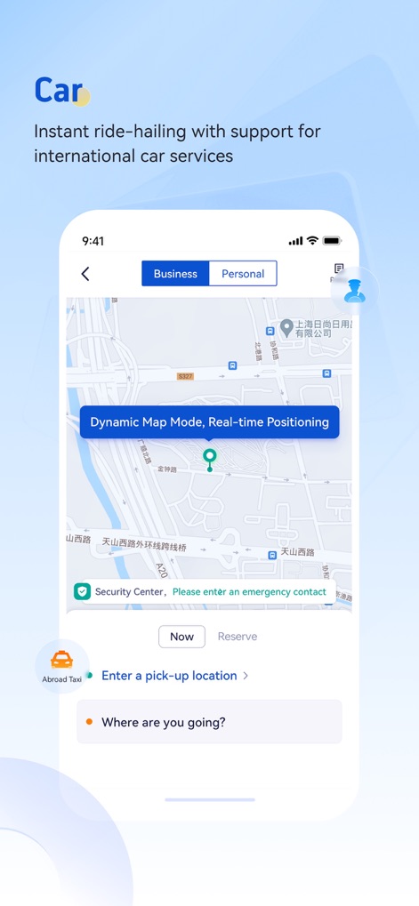 BizTravel-TMC experts - Witness the efficient car booking feature, showcasing a dynamic map mode and options for both local and "Abroad Taxi" services.