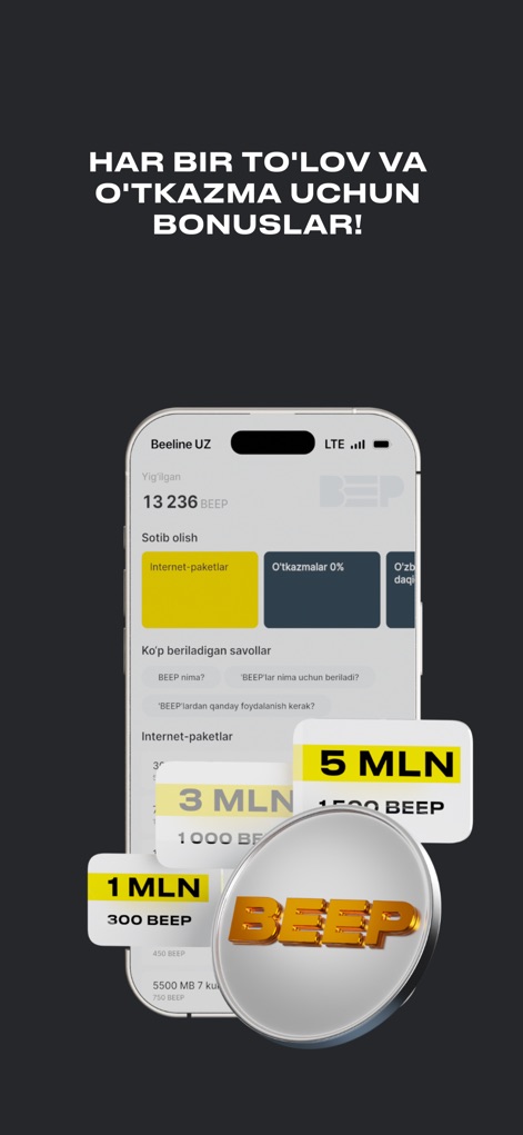 Beepul - O painel de bônus demonstra a quantidade de BEEP acumulada pelo usuário e diversas opções de resgate, como pacotes de internet e transferências.