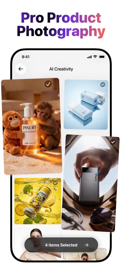 AI Product Video & Ad - Pixury - The app simplifies professional product photography, allowing selection of multiple product images for AI creativity and highlighting the 'Pro Product Photography' capabilities.