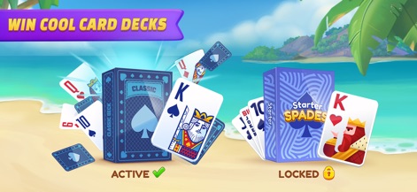 Spades Royale - Discover a variety of collectible card decks, clearly distinguished by 'Active' and 'Locked' visual indicators, enhancing customization.