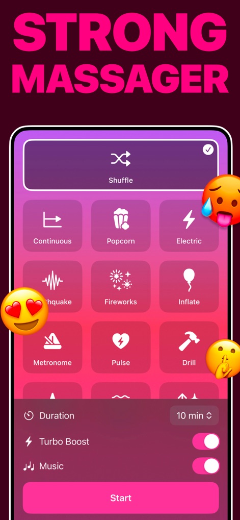 Vibrate Phone - Users can explore a wide selection of vibrator patterns, from 'Continuous' to 'Drill', and easily set the desired 'Duration' for their session.