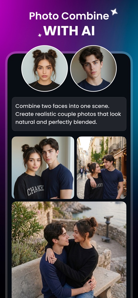 ReSnap: AI Photos & Edits - Cet outil permet la 'fusion de deux visages' en une image unique et réaliste, comme démontré par la 'création de scènes de couple' étonnamment naturelles.