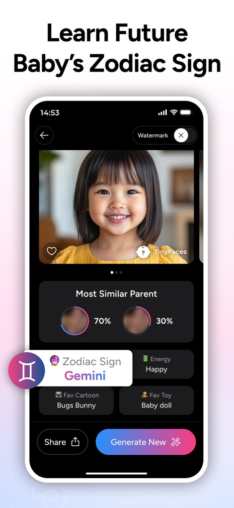 AI Baby Generator - TinyFaces - Discover fun predictions for the AI baby, including their 'Zodiac Sign' and favorite 'Cartoon', adding a personalized touch to each generation.