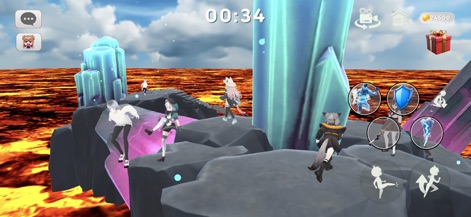 The floor is lava game brawl - このゲームでは、プレイヤーは溶岩に囲まれた浮遊する足場と幻想的なクリスタルの構造物を舞台に、アニメキャラクターを操作して巧みにパルクールをこなします。様々なコスチュームのアニメキャラクターが、戦略的に配置された足場を飛び移りながら生き残りを賭けて競い合います。