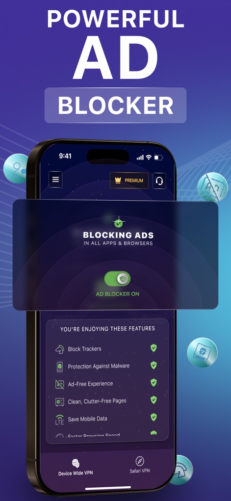 TOR Browser: VPN+Onion Browser - Se observa la potente función de bloqueo de anuncios de la herramienta, que incluye un claro interruptor de "Ad Blocker ON" y muestra beneficios como "Bloquear Rastreadores" y "Ahorrar Datos Móviles".
