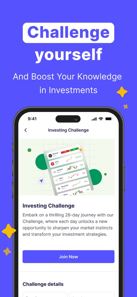 Finelo: Master Trading - Engage with the app's 'Investing Challenge' feature, presenting a dynamic scenario image and a direct 'Join Now' option for skill enhancement.