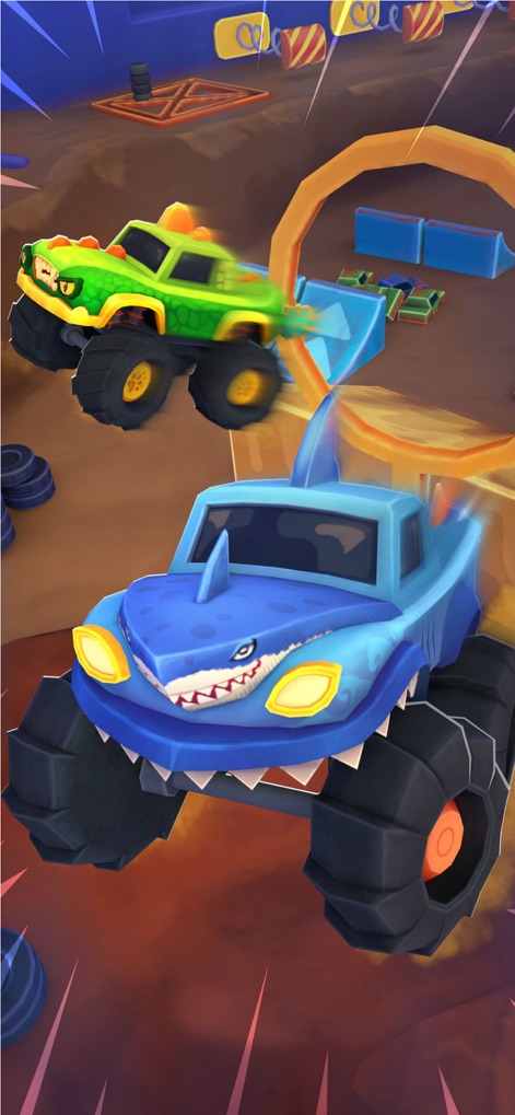 Monster Truck Games for Kids . - See the vibrant green dinosaur-themed and blue shark-themed monster trucks navigating an exciting course filled with challenges.