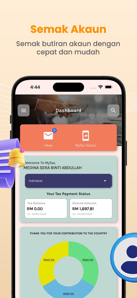 MyTax - Explore the personalized dashboard display, revealing key sections like 'Inbox' and 'MyTax Status', alongside a transparent 'Tax Balance' and 'Refund Amount' for immediate financial overview.