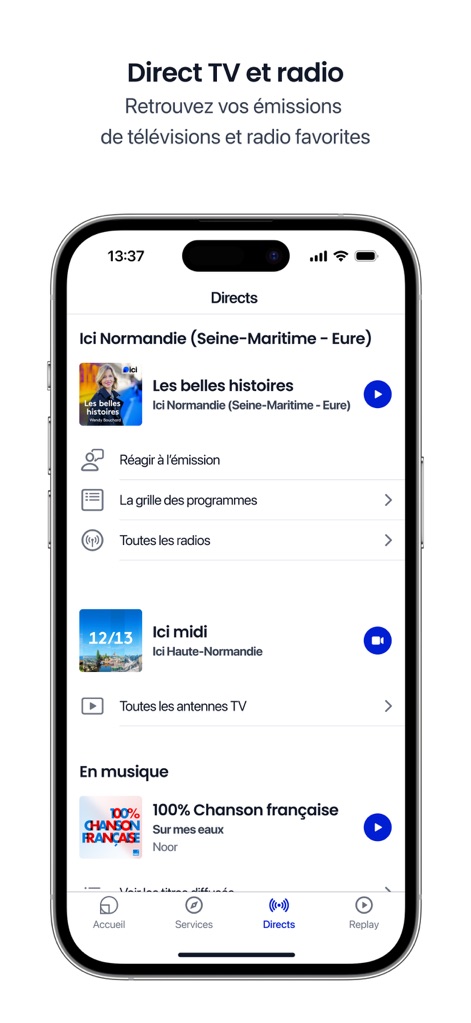 ICI : Radio, TV, Podcast, News - Der Bereich „Directs“ zeigt eine übersichtliche Liste der Live-Radio-Programme, wie „Les belles histoires“, und bietet zudem direkten Zugriff auf Live-TV-Sendungen, beispielsweise „Ici midi“.