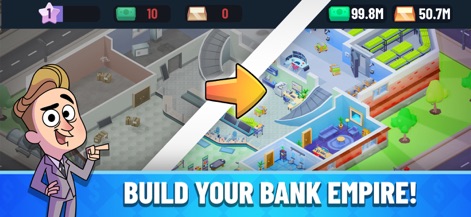 Idle Bank Tycoon: Money Game - Observe the clear visual progression from a basic facility to an expansive bank empire, highlighted by the comparative side-by-side view and an indicative arrow.