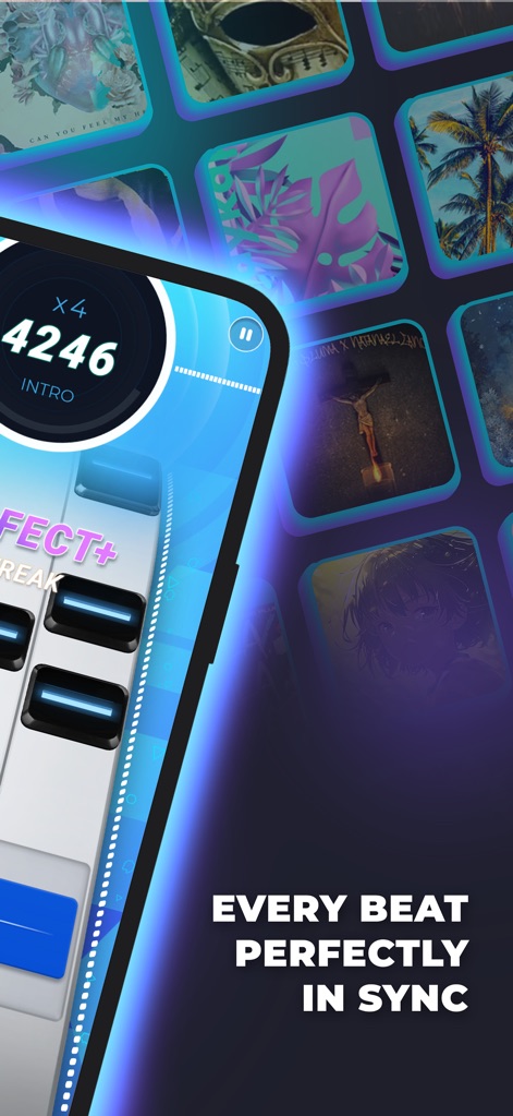 Beat Tiles: Music Game - Witness the thrilling gameplay featuring a clear score multiplier and points display, set against a backdrop of diverse album art covers suggesting an extensive music library.